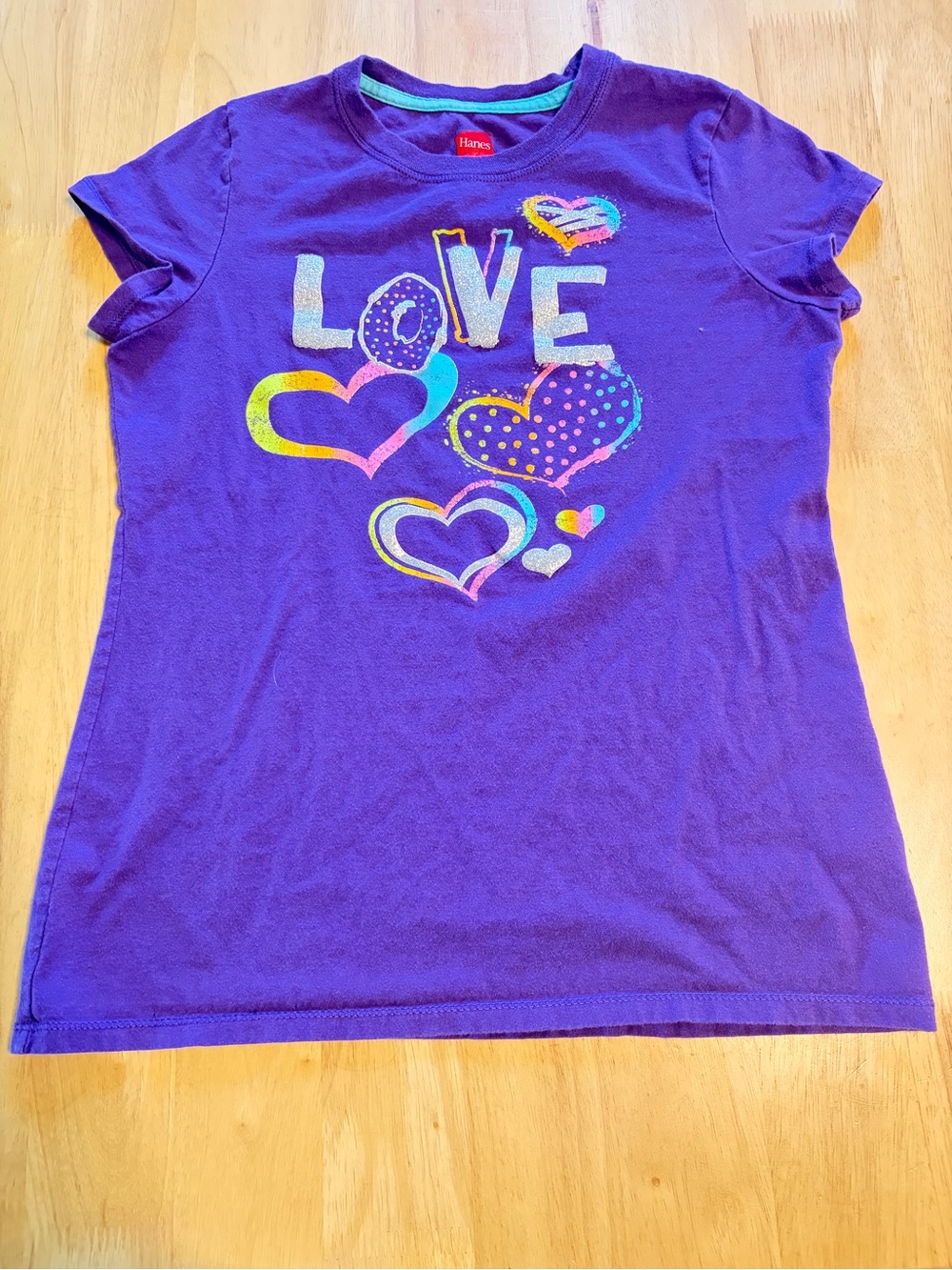 Hanes Purple Short Sleeve Tee with Colorful Heart 'LOVE' Graphic